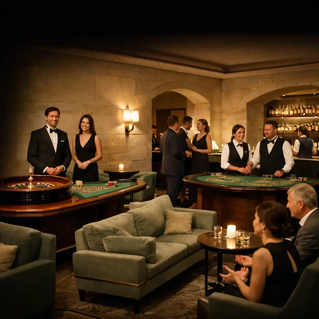 Elegáns casino-inspirált lounge professzionális hostokkal és társasági asztalokkal