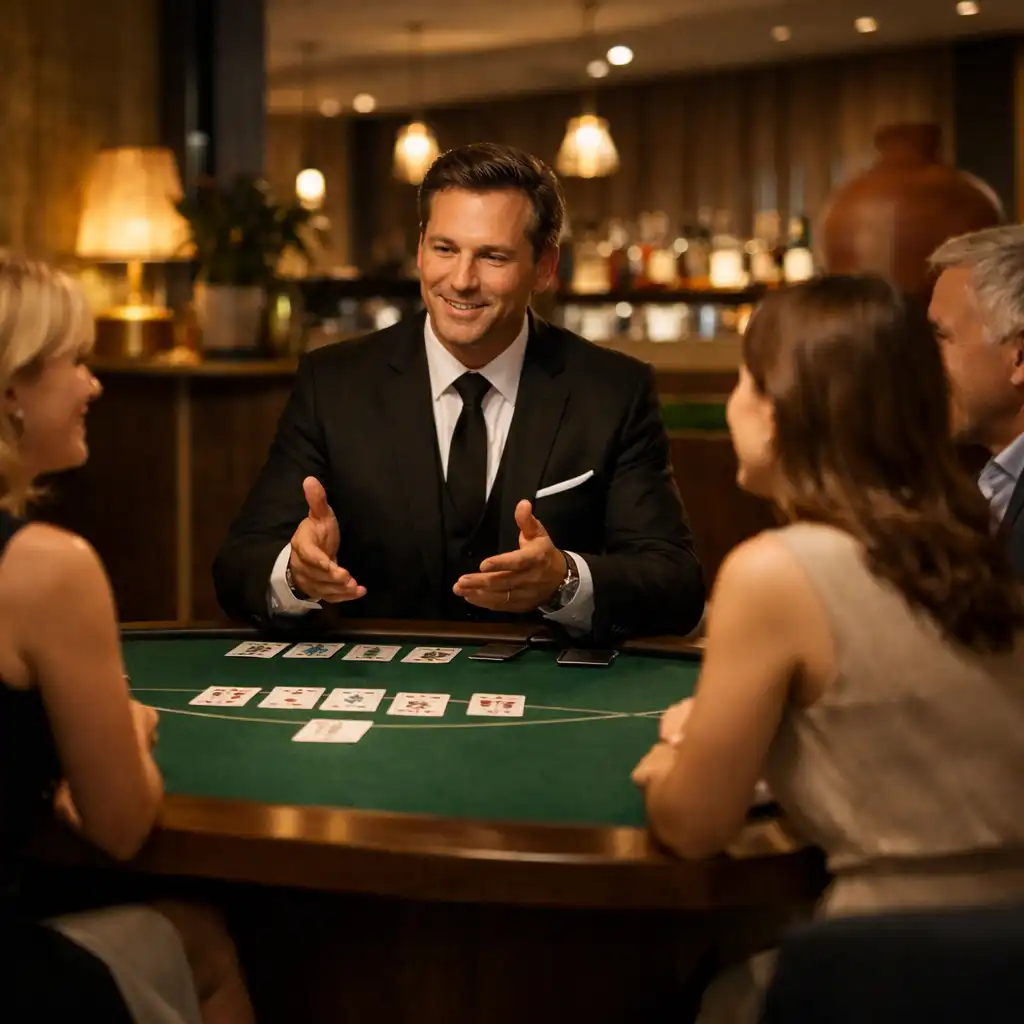 Elegáns host vezet egy társasági, casino-hangulatú asztali programot figyelő vendégek számára
