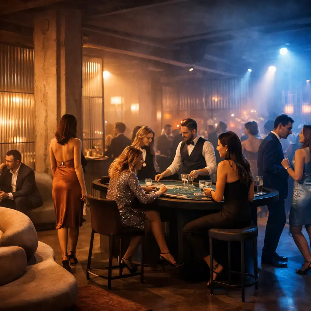 Kortárs rendezvénytér vendégekkel, lounge-zónával és visszafogott színes fényekkel.