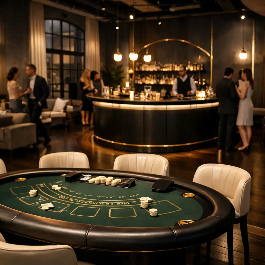 Kortárs, meleg fényű loft lounge íves bárral és társasági blackjack asztallal