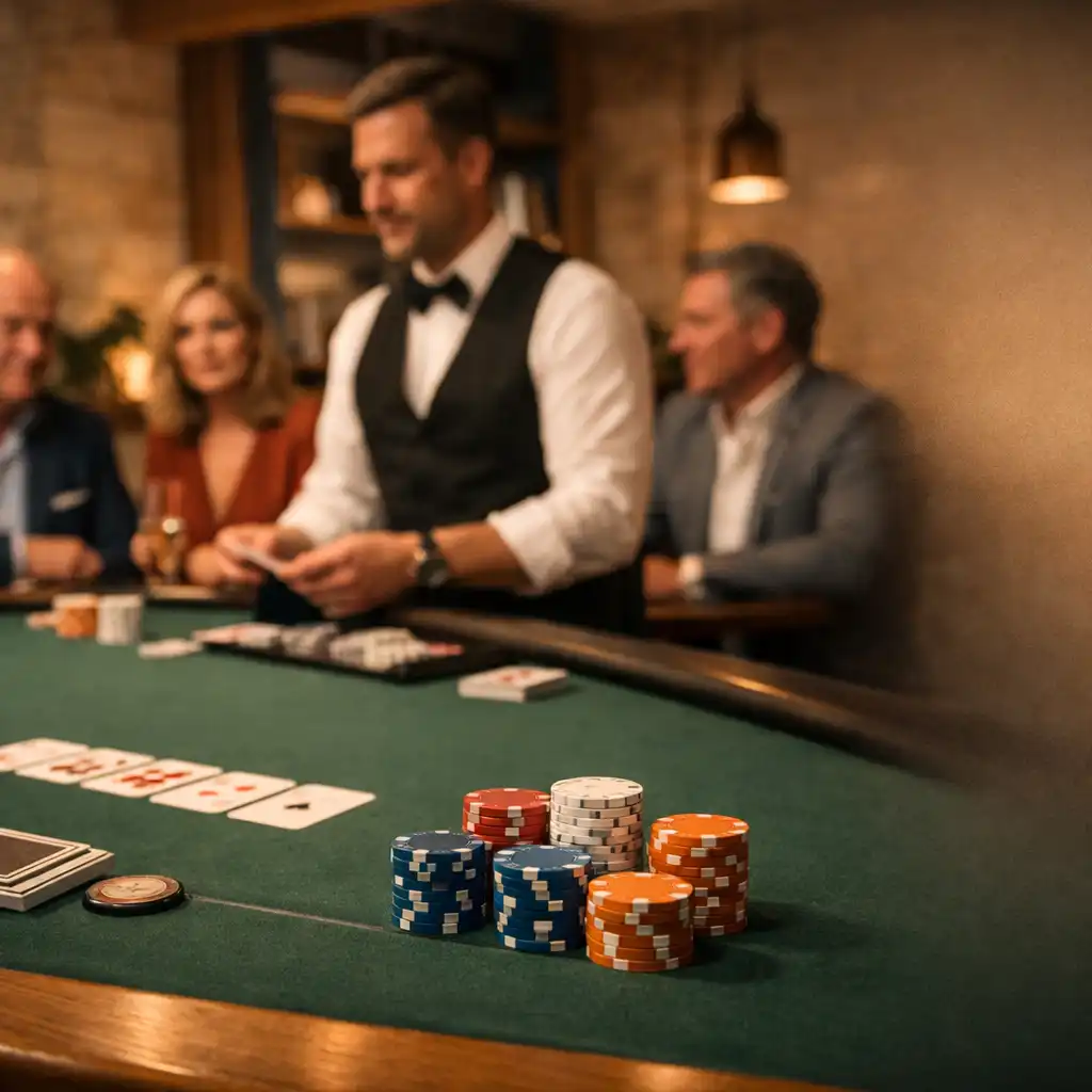 Host vezet könnyed Poker programot egy elegáns rendezvényen