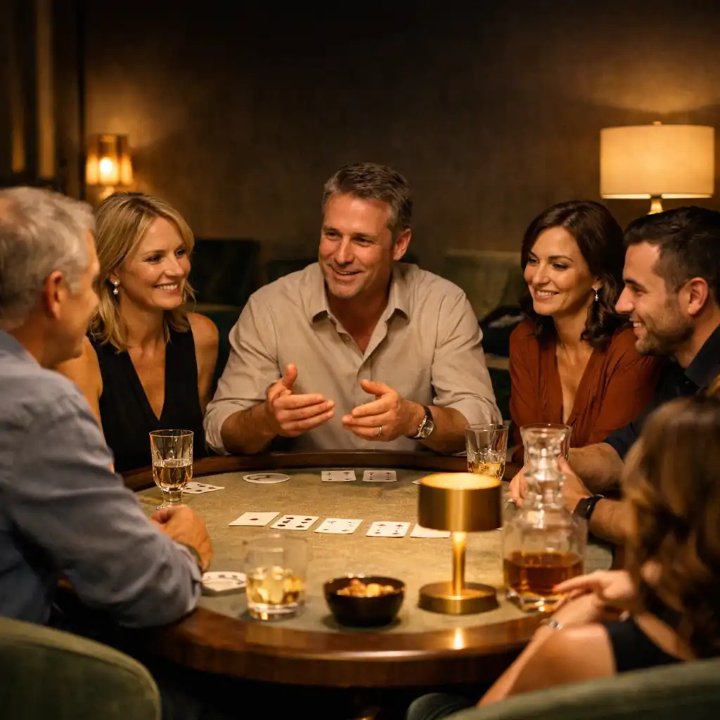 Meghitt kis társaság egy privát card lounge kártyaasztalánál