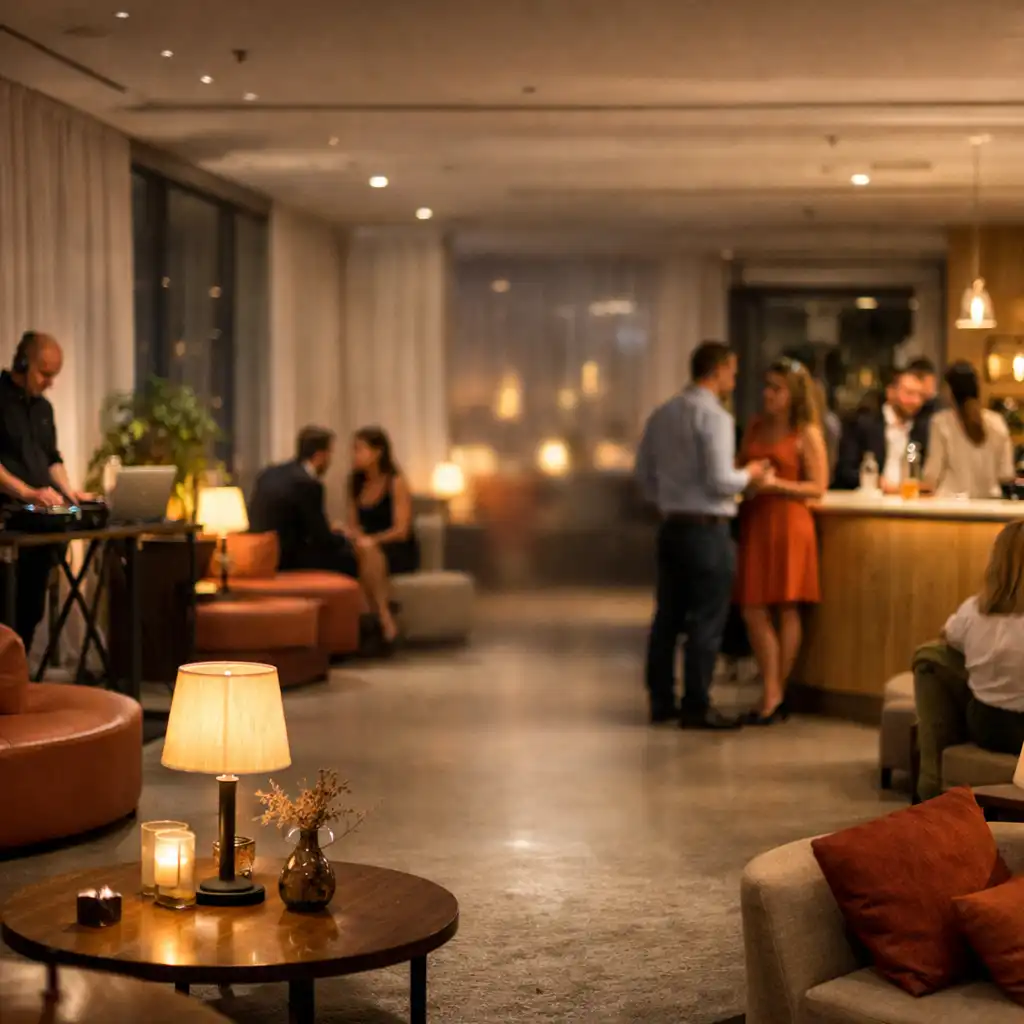 Meleg fényű, kortárs esti rendezvénytér lounge-zónákkal és beszélgető vendégekkel.