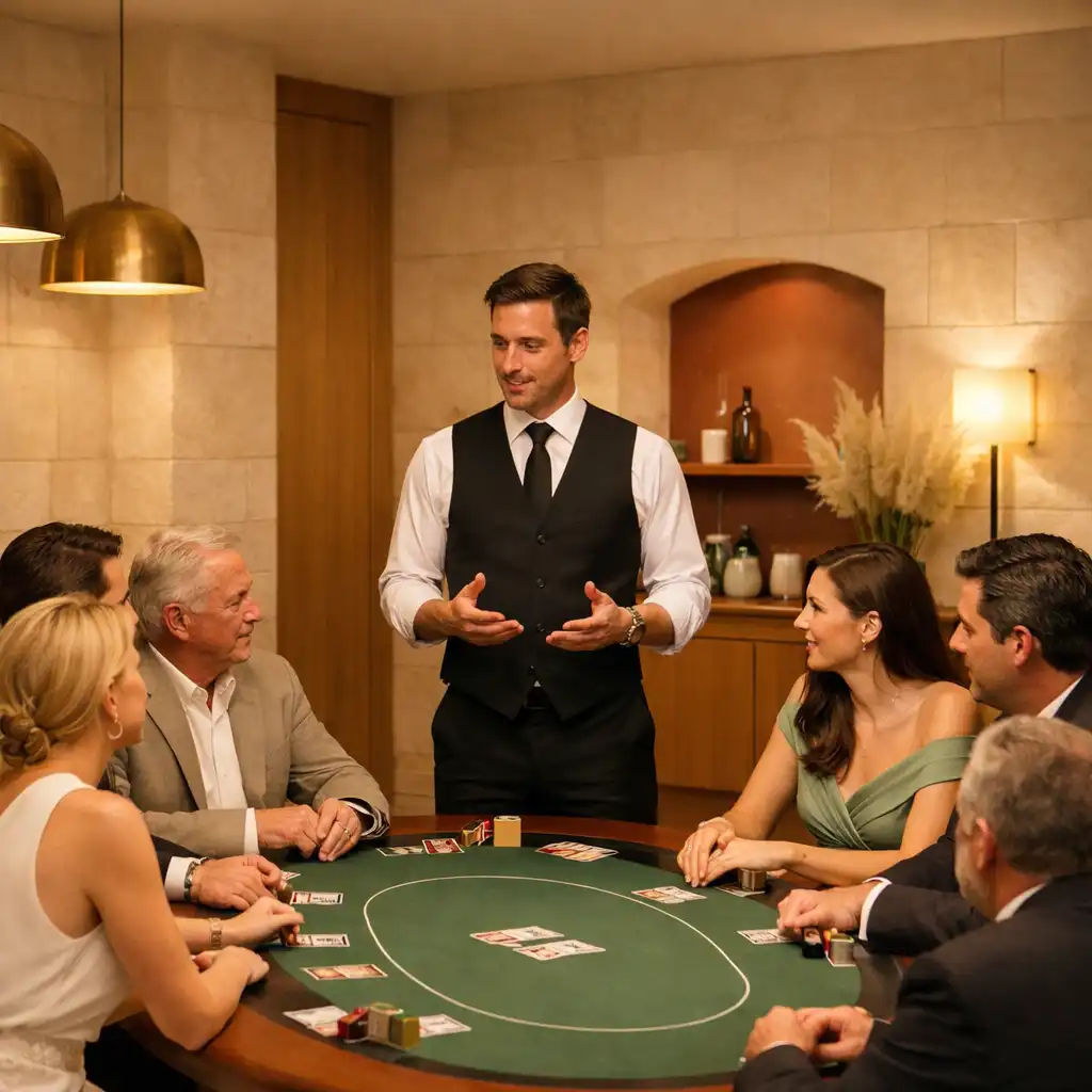 Elegáns vendégek és host egy társasági pokerasztal körül
