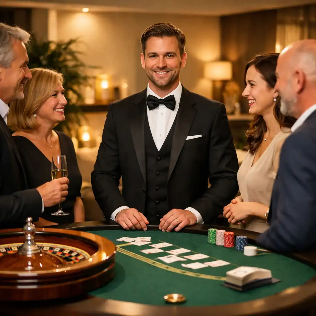 Host és vendégek egy rulett- és blackjack-hangulatú társasági állomásnál