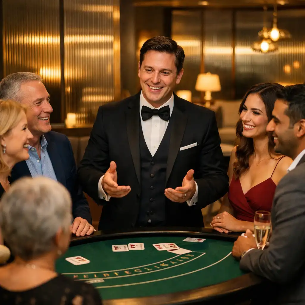Professzionális host vendégeknek mutat be egy elegáns, társasági casino hangulatú programot.